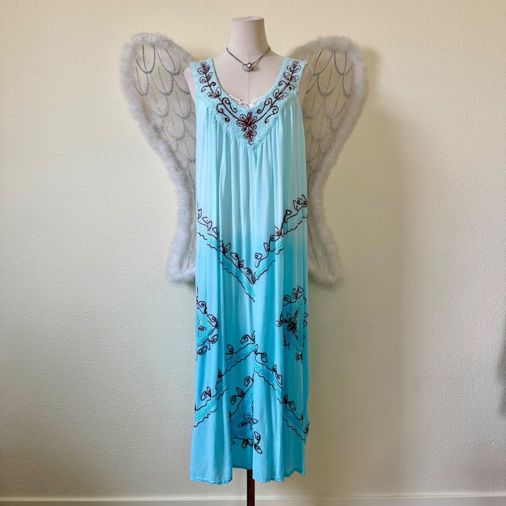 Vintage Blue Ombre Rayon Maxi Dress Embroidered Floral Sleeveless Boho‎ Colorful
